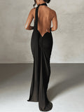 Momnfancy Backless Halter Neck Shirred Ruched Bodycon Wedding Guest Maternity Baby Shower Dress