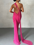 Momnfancy Backless Halter Neck Shirred Ruched Bodycon Wedding Guest Maternity Baby Shower Dress