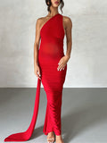 Momnfancy Backless Halter Neck Shirred Ruched Bodycon Wedding Guest Maternity Baby Shower Dress