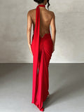 Momnfancy Backless Halter Neck Shirred Ruched Bodycon Wedding Guest Maternity Baby Shower Dress
