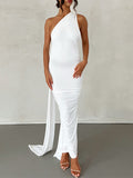 Momnfancy Backless Halter Neck Shirred Ruched Bodycon Wedding Guest Maternity Baby Shower Dress