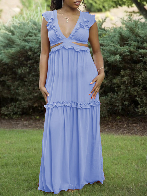 Momnfancy Light Blue Cut Out Backless Tie Back Jasmine Ruffle Baby Shower Maternity Dress