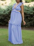 Momnfancy Light Blue Cut Out Backless Tie Back Jasmine Ruffle Baby Shower Maternity Dress