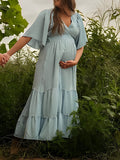 Momnfancy Light Blue Backless Batwing Sleeve Belt High Waist Beach Flowy Vintage Bohemian Maternity Dress