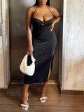 Momnfancy Black Backless Cut Out Slit Halter Neck Flowy Summer Maternity Maxi Dress