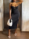 Momnfancy Black Backless Cut Out Slit Halter Neck Flowy Summer Maternity Maxi Dress