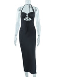 Momnfancy Black Backless Cut Out Slit Halter Neck Flowy Summer Maternity Maxi Dress