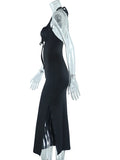 Momnfancy Black Backless Cut Out Slit Halter Neck Flowy Summer Maternity Maxi Dress