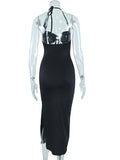 Momnfancy Black Backless Cut Out Slit Halter Neck Flowy Summer Maternity Maxi Dress