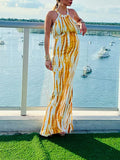 Momnfancy Halter Neck Hollow Out Vintage Floral Print Party Beach Maternity Maxi Dress