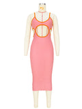 Momnfancy Patchwork Baby Shower Cut Out Knitting Summer Open Belly Maternity Midi Dress