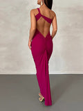Momnfancy Rose Carmine Baby Shower Off Shoulder Backless Ruched Shirred Asymmetrical Elegant Prom Maternity Maxi Dress
