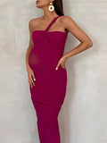 Momnfancy Rose Carmine Baby Shower Off Shoulder Backless Ruched Shirred Asymmetrical Elegant Prom Maternity Maxi Dress