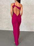 Momnfancy Rose Carmine Baby Shower Off Shoulder Backless Ruched Shirred Asymmetrical Elegant Prom Maternity Maxi Dress
