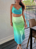 Momnfancy Green Satin Crop 2-in-1 Backless Gradient Color Sundress Baby Shower Maternity Midi Dress