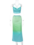 Momnfancy Green Satin Crop 2-in-1 Backless Gradient Color Sundress Baby Shower Maternity Midi Dress