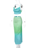 Momnfancy Green Satin Crop 2-in-1 Backless Gradient Color Sundress Baby Shower Maternity Midi Dress