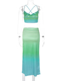 Momnfancy Green Satin Crop 2-in-1 Backless Gradient Color Sundress Baby Shower Maternity Midi Dress