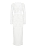 Momnfancy White Mesh Cut Out Long Sleeve Wrap Hip Knitted Sundress Photoshoot Maternity Dress