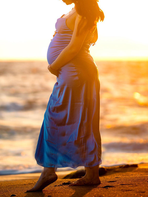 Momnfancy Blue Spaghetti Strap Backless Elegant Photoshoot Satin Lace Up Maternity Slip Dress