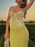 Momnfancy Green Butterfly Print Backless Tie Back Knitting Strap Bodycon Maternity Maxi Dress