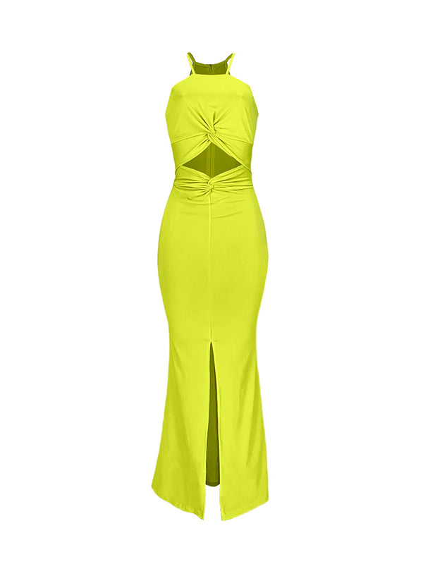 Momnfancy Neon Knot Sleeveless Hollow Out Slit Pleated Patchwork Bodycon Maternity Maxi Dress