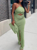 Momnfancy Neon Knot Sleeveless Hollow Out Slit Pleated Patchwork Bodycon Maternity Maxi Dress
