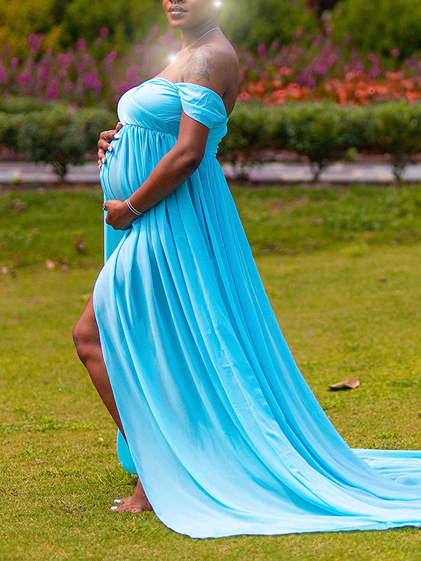 Momnfancy Solid Chiffon Off Shoulder Slit Long Train Gown Flowy Maternity Photoshoot Dress