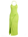 Momnfancy Neon Green Halter Bodycon High Split Backless Drawstring Elegant Maternity Maxi Dress