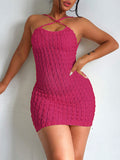 Momnfancy Solid Popcorn Style Textured Ruched Cross Halter Bandage Bodycon Maternity Mini Dress