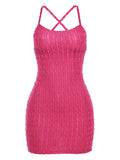 Momnfancy Solid Popcorn Style Textured Ruched Cross Halter Bandage Bodycon Maternity Mini Dress