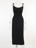 Momnfancy Open Back Backless Tie Back Ruched Satind Hollow Out Smocked Maternity Midi Dress