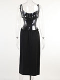 Momnfancy Open Back Backless Tie Back Ruched Satind Hollow Out Smocked Maternity Midi Dress