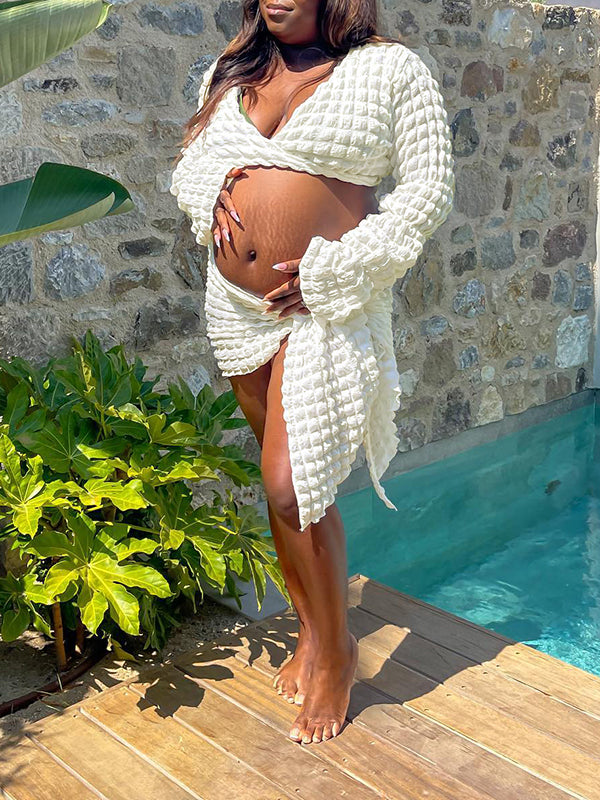 Momnfancy Beige 2-in-1 Flounce Sleeve Crop Top Knot Front Skirt Fashion Maternity Mini Dress
