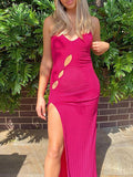 Momnfancy Hot Pink Hollow Out Slit Backless Tie Back Slim Elegant Maternity Midi Dress