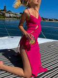 Momnfancy Hot Pink Hollow Out Slit Backless Tie Back Slim Elegant Maternity Midi Dress