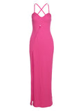Momnfancy Hot Pink Hollow Out Slit Backless Tie Back Slim Elegant Maternity Midi Dress