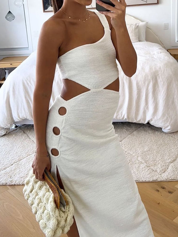 Momnfancy White Cut Out Oblique Shoulder Slit Bodycon Fashion Maternity Midi Dress