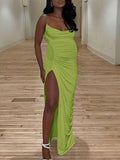 Momnfancy Green Spaghetti Strap Ruched Slit Party Shirred Maternity Maxi Dress