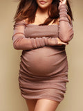 Momnfancy Camel Off Shoulder Sparkly Ruched Bodycon Baby Shower Party Maternity Mini Dress