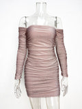 Momnfancy Camel Off Shoulder Sparkly Ruched Bodycon Baby Shower Party Maternity Mini Dress