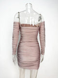 Momnfancy Camel Off Shoulder Sparkly Ruched Bodycon Baby Shower Party Maternity Mini Dress