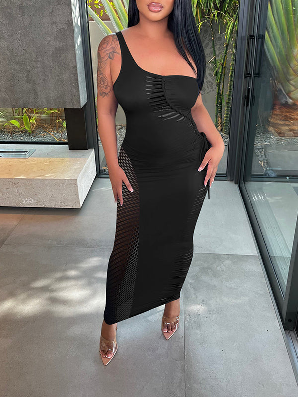 Momnfancy One Shoulder Cut Out Ripped Destroyed Stretchy Lace Up Bodycon Baby Shower Maternity Maxi Dress