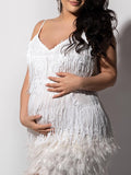 Momnfancy White Feather Fringe Sequin Flapper Girl Harlem Nights Sparkly Baby Shower Maternity Mini Dress