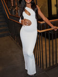 Momnfancy White Cut Out One Shoulder Long Sleeve Baby Shower Empire Waist Maternity Maxi Dress