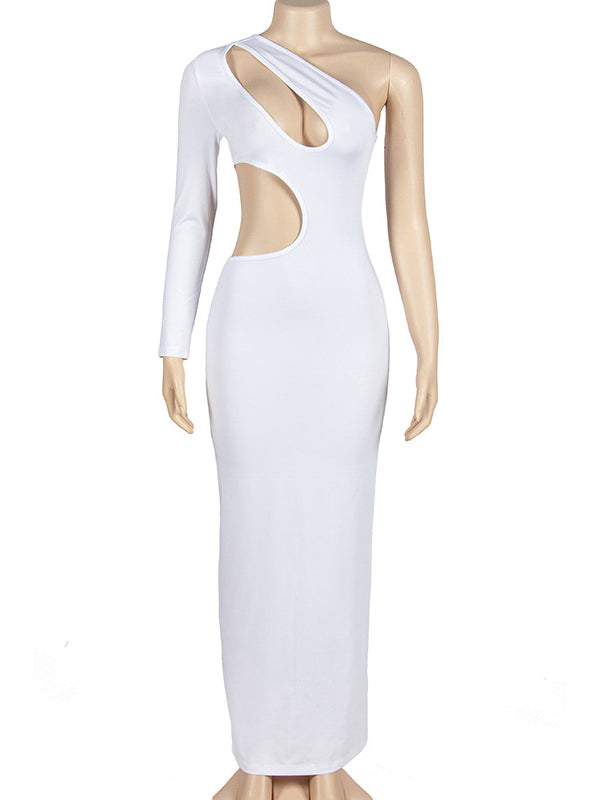 Momnfancy White Cut Out One Shoulder Long Sleeve Baby Shower Empire Waist Maternity Maxi Dress