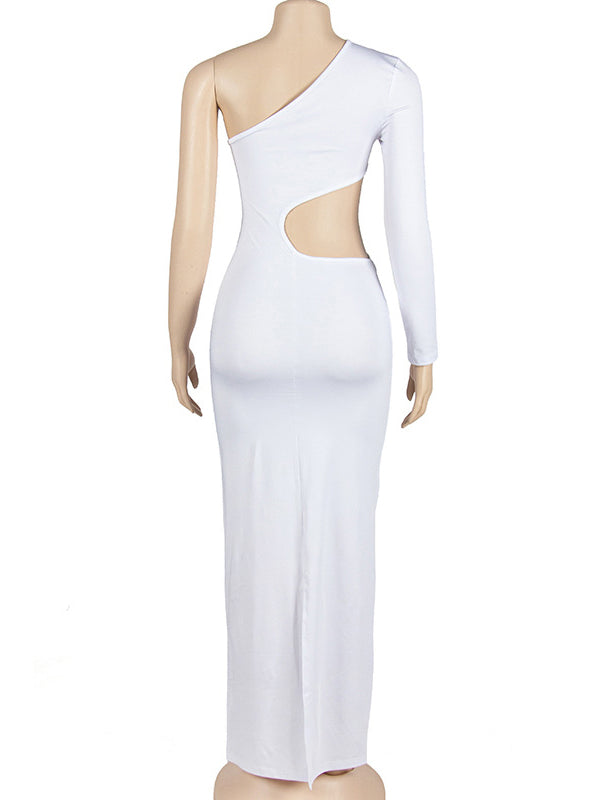 Momnfancy White Cut Out One Shoulder Long Sleeve Baby Shower Empire Waist Maternity Maxi Dress