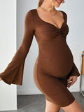 Momnfancy Tan Knot Square Neck Flare Sleeve Bodycon Baby Shower Maternity Mini Dress