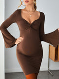 Momnfancy Tan Knot Square Neck Flare Sleeve Bodycon Baby Shower Maternity Mini Dress