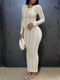 Momnfancy White Striped Backless Knitting Bodycon Long Sleeve Baby Shower Maternity Maxi Dress
